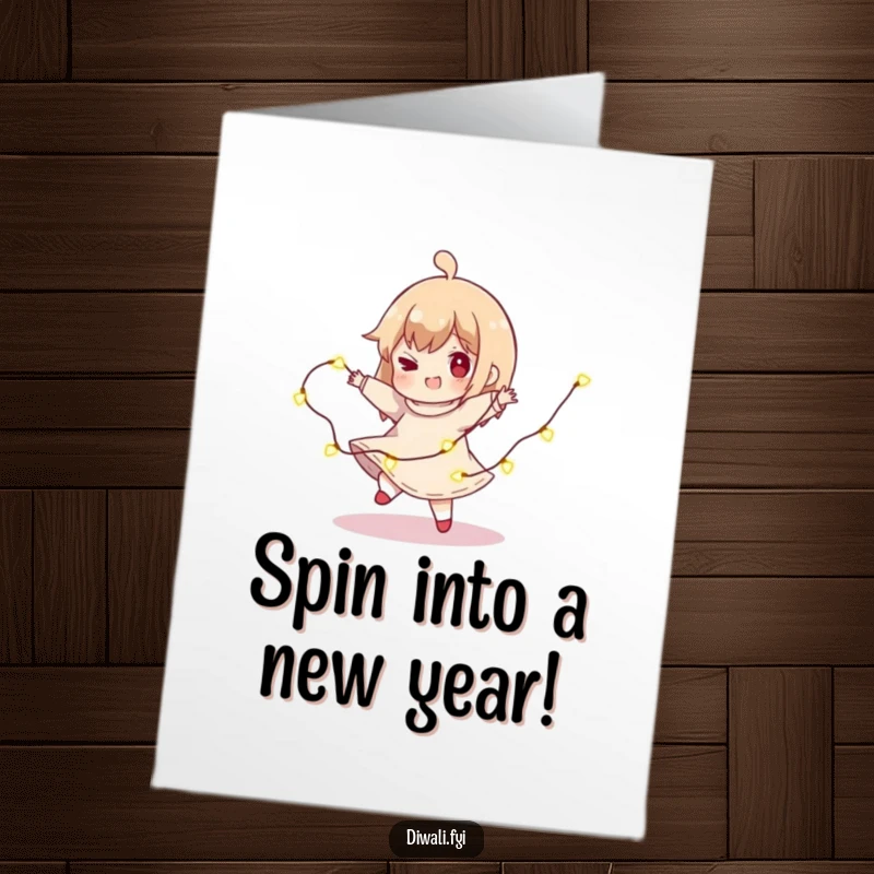 Funny Free Printable Character Card: Character spins playfully with string of lights for birthday. Energetic downloadable card.