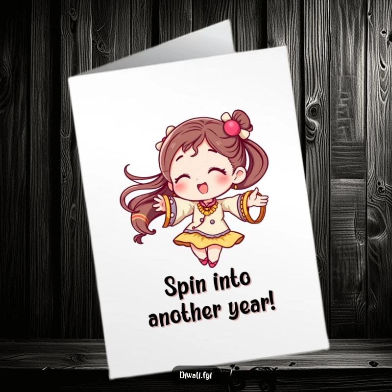 Funny Free Printable Birthday Card: Character joyfully twirling with festive bangles, a vibrant print-at-home invitation to celebrate.