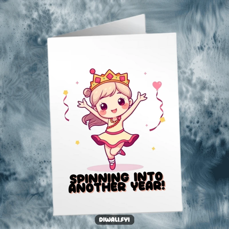 Funny Free Printable Birthday Card: A vibrant dancer character gracefully performing a quick, energetic pirouette with flair.