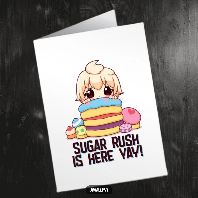 Funny Free Printable Birthday Card: A surprised character peeking from behind a stack of colorful sweets, ready to party.