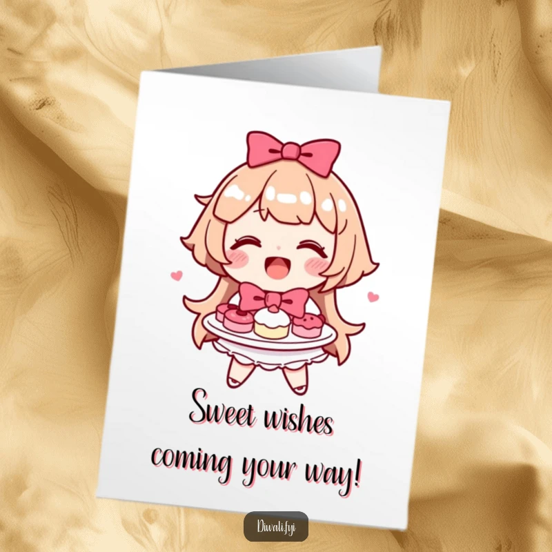 Funny Free Printable Birthday Card: A happy character smiling warmly while offering a plate piled high with sweets, tied with a bow.