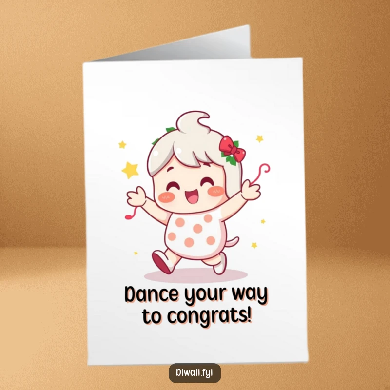 Funny Free Printable Congratulations Card with a character doing a happy shuffle surrounded by festive decorations, marking a success.