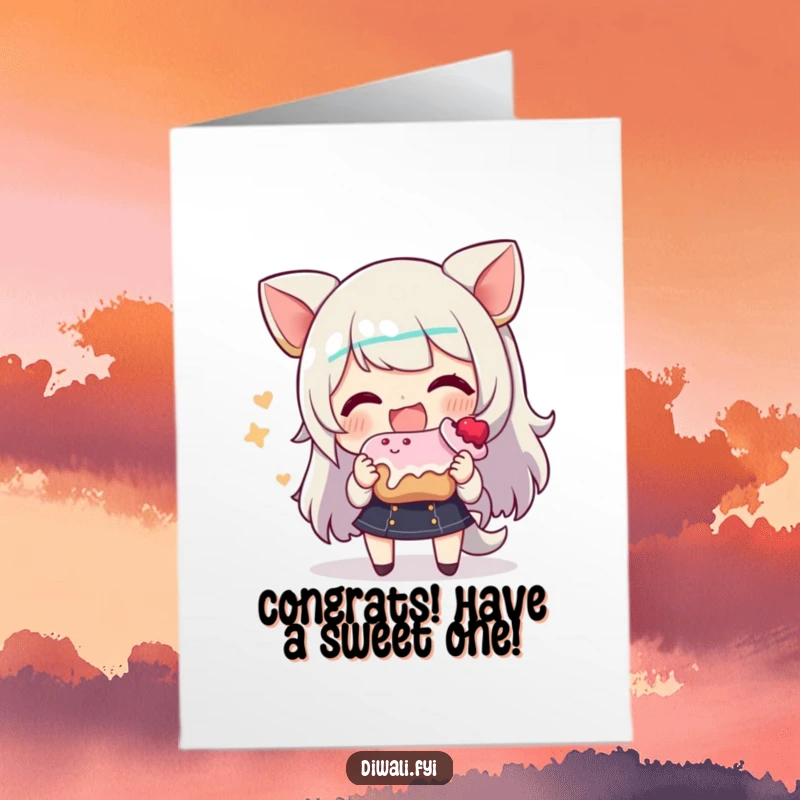 Funny Free Printable Congratulations Card showing a character with a wide smile, excitedly sharing a delightful sweet treat.