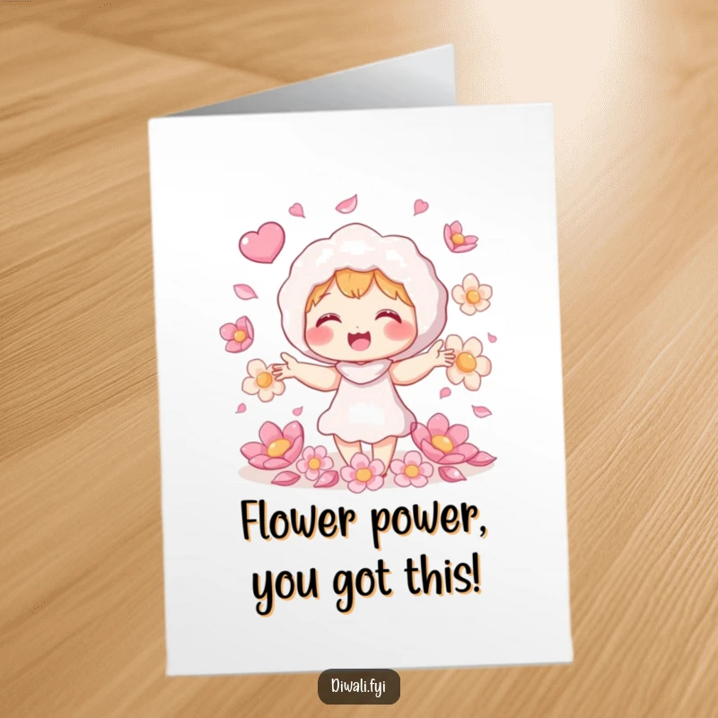 Funny free printable congratulations card of a giggling character juggling shimmering flower petals, symbolizing growth and beauty.