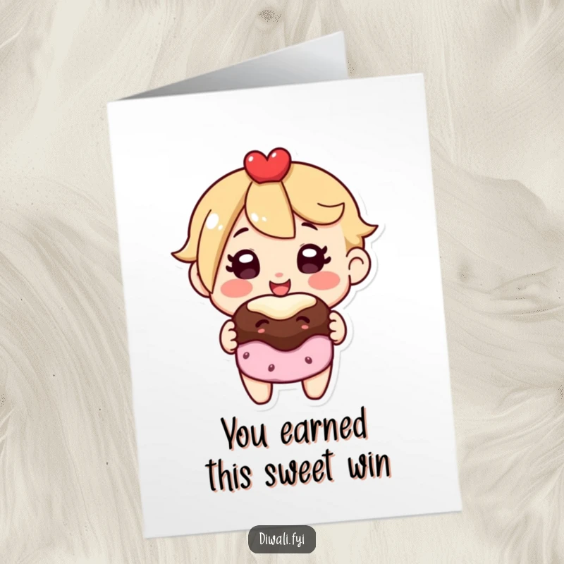 Free Printable congratulations card with a beaming character joyfully presenting a sweet treat, symbolizing sweet success and happy news.