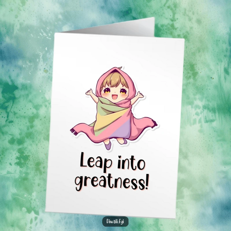Funny Free Printable congratulations card showing a character in colorful fabric jumping exuberantly to mark a successful achievement.