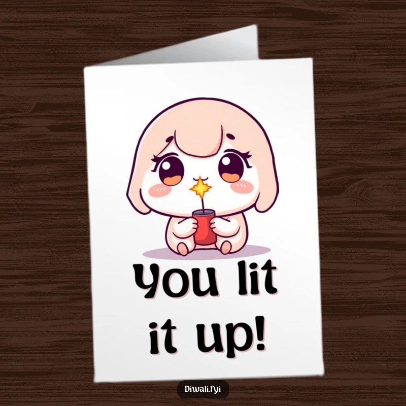 Funny Free Printable Congratulations Card: A kawaii character with wide, sparkling eyes, about to light a playful firecracker.