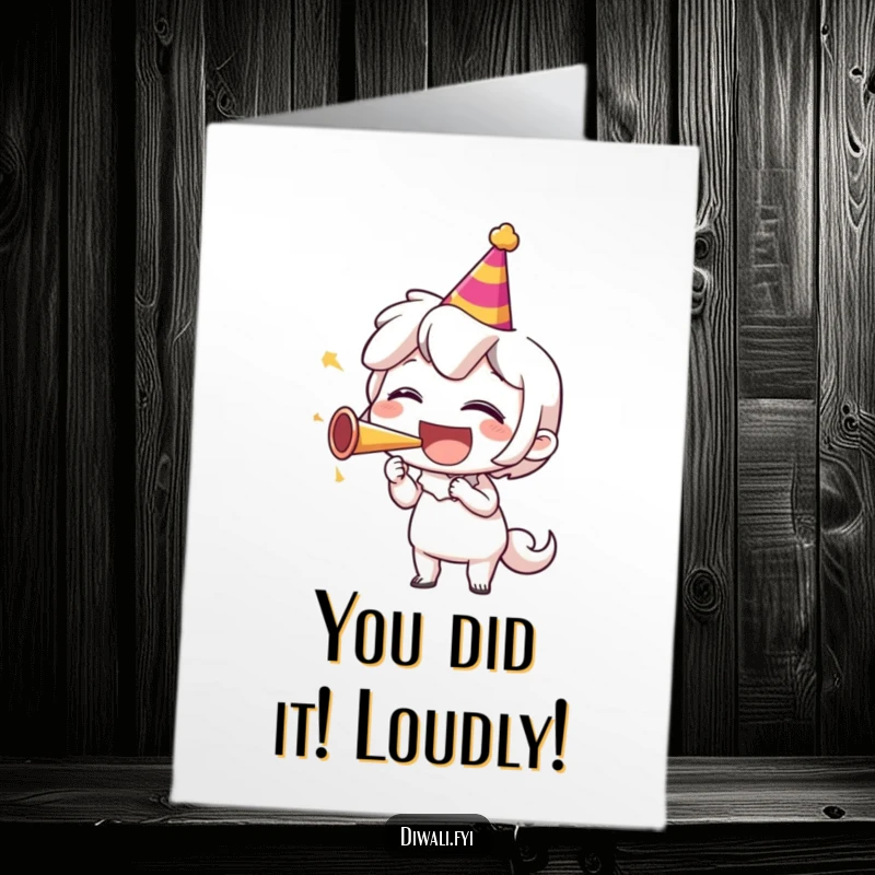Funny Free Printable Congratulations Card with a character joyfully blowing a party horn, symbolizing exciting news and celebration.