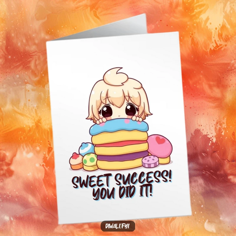 Funny Free Printable Congratulations Card: A surprised character winks from behind a mountain of colorful candies, celebrating success.