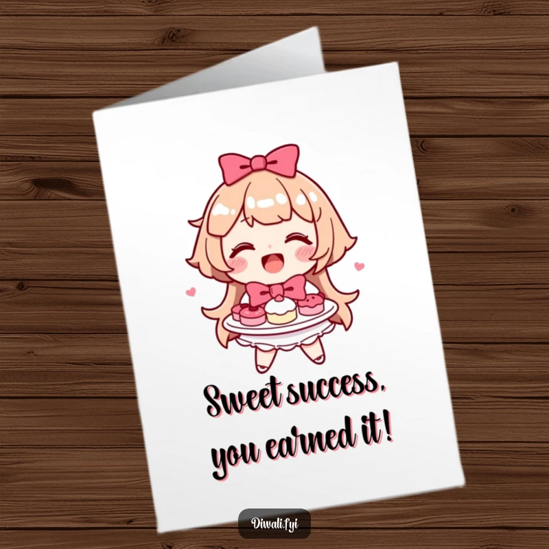 Funny Free Printable Congratulations Card: A cheerful character presenting a plate of tempting sweets adorned with a bow.