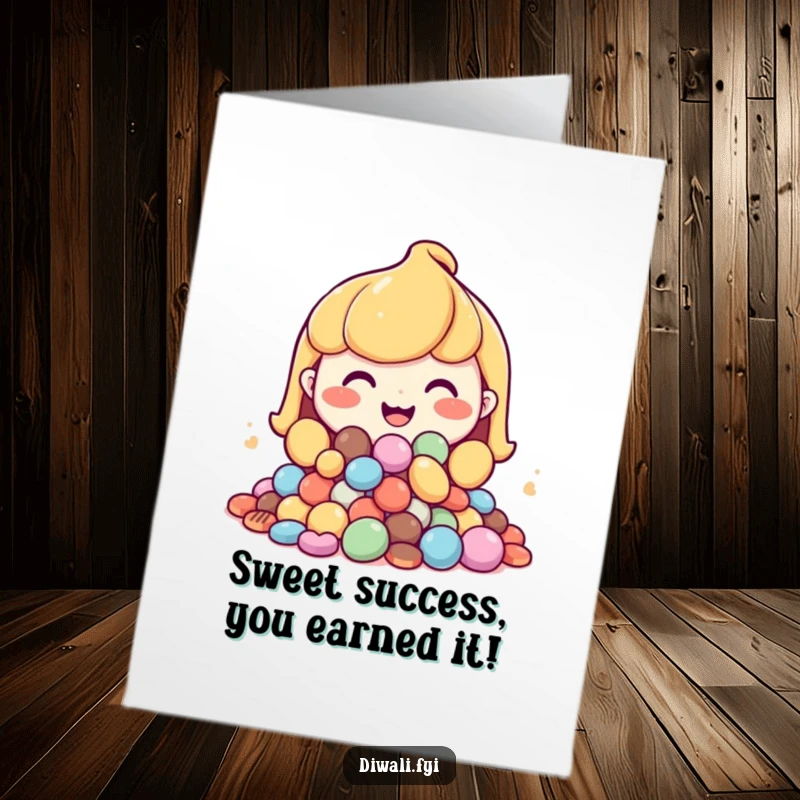 Funny Free Printable Congratulations Card showing a cheerful character offering a mountain of assorted sweets with a wide, happy grin.