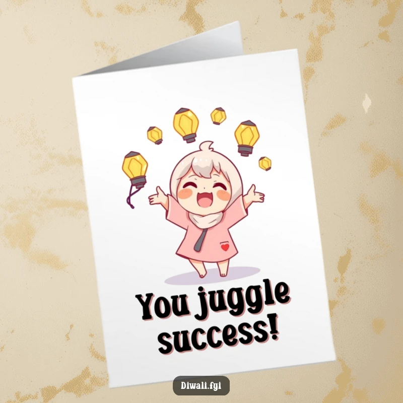 Funny Free Printable Character Congratulations Card: Character juggles glowing lamps with delight, celebrating success. Downloadable card.