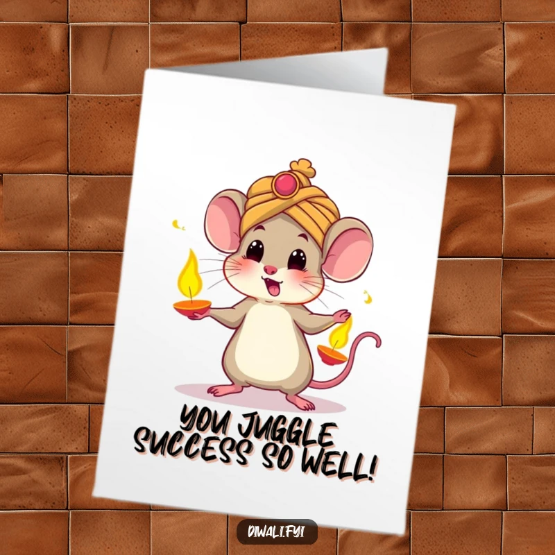 Funny Free Printable Congratulations Card: Startled Mouse wearing a Turban, Juggling Bright Diyas, Cheering Success