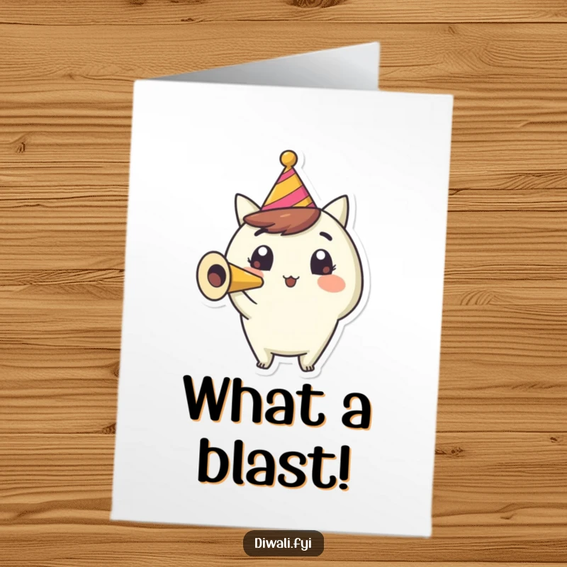Funny Free Printable Congrats Card: A happy character with wide eyes blowing a party horn, celebrating a great success.