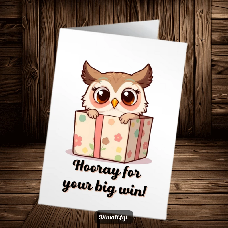 Funny Free Printable Congratulations Card: Surprised Owl Peeking from a Gift Box, Reacting to Good News