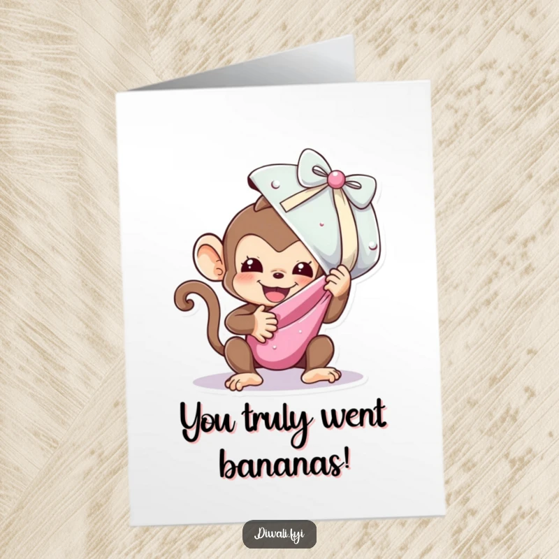Funny Free Printable Congratulations Card: A cheerful monkey eagerly unwrapping a massive, sparkling sweet, celebrating a sweet success.