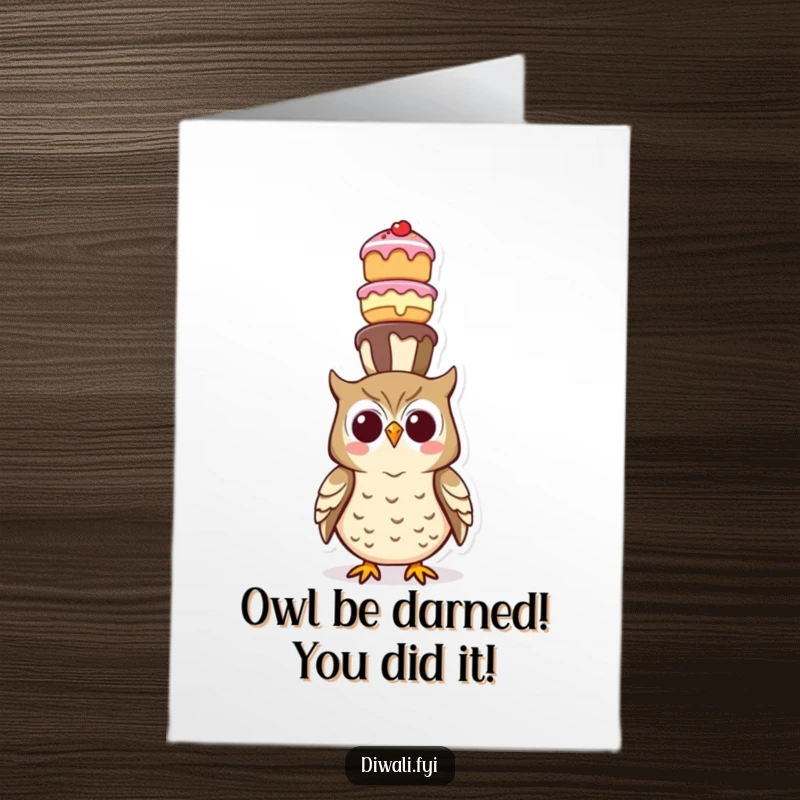 Funny Free Printable Congratulations Card: An owl artistically balances a tall, teetering tower of various delicious sweets on its head.