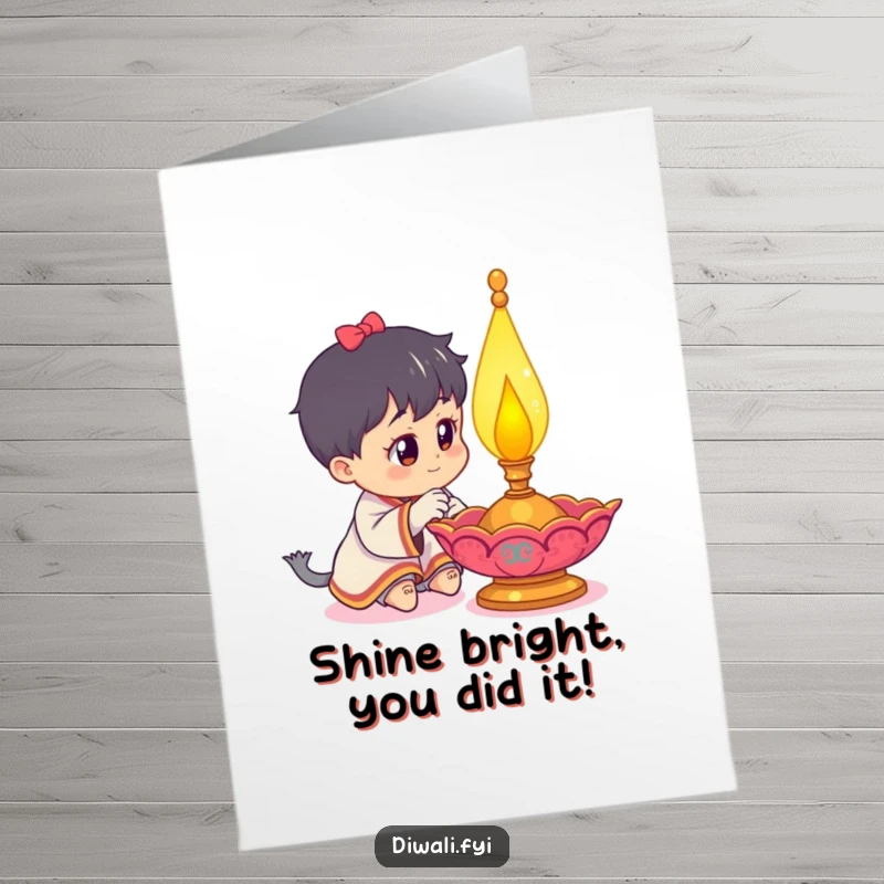 Funny Free Printable Congratulations Card: Curious character gazes inquisitively at a vibrant, decorated diya lamp.