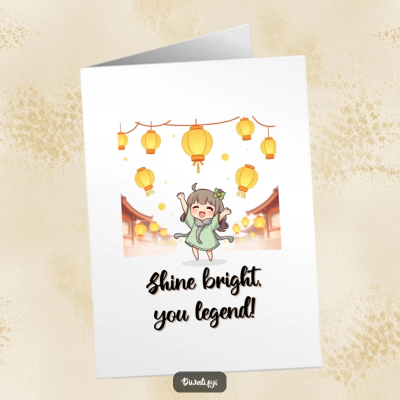 Funny free printable congratulations card of a character joyfully tossing glowing lanterns, symbolizing a bright and successful future.