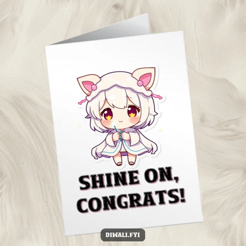 Funny Free Printable Congratulations Card: A cute character adorned with glowing decorations, holding a sparkler in excitement.