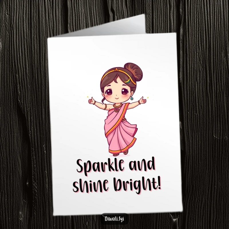 Funny Free Printable Congratulations Card with a cute character in a sari dancing energetically with bright sparklers, symbolizing success.