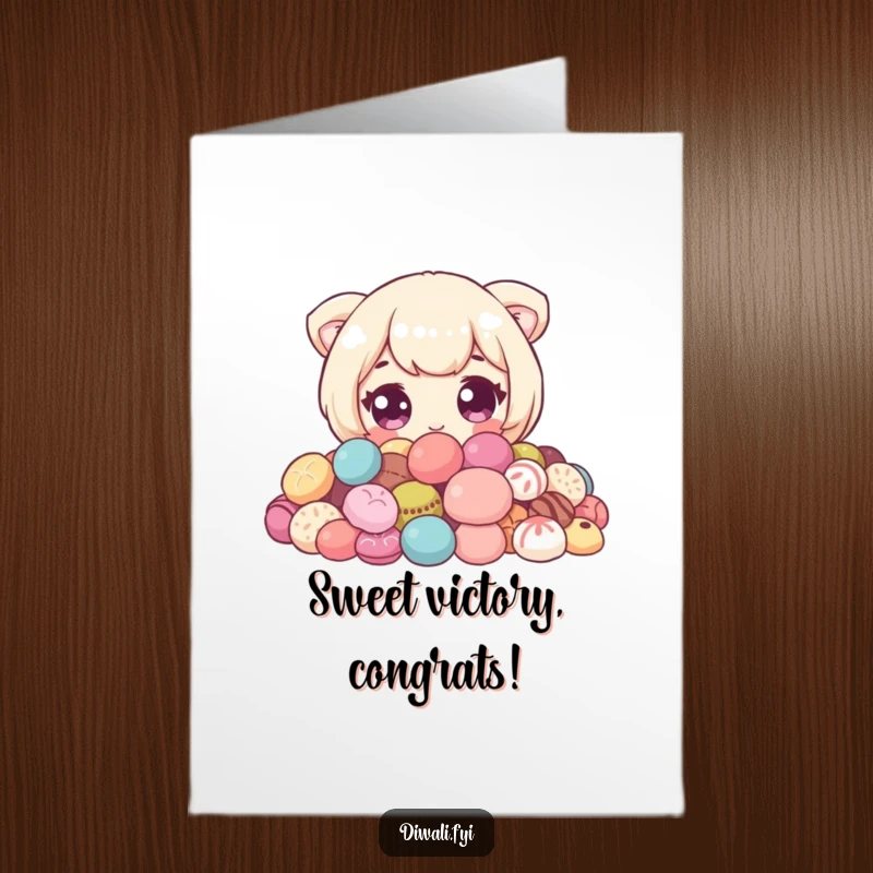Funny Free Printable Congratulations Card: Cute character with wide eyes, peeking from behind a pile of delicious sweets in delight.