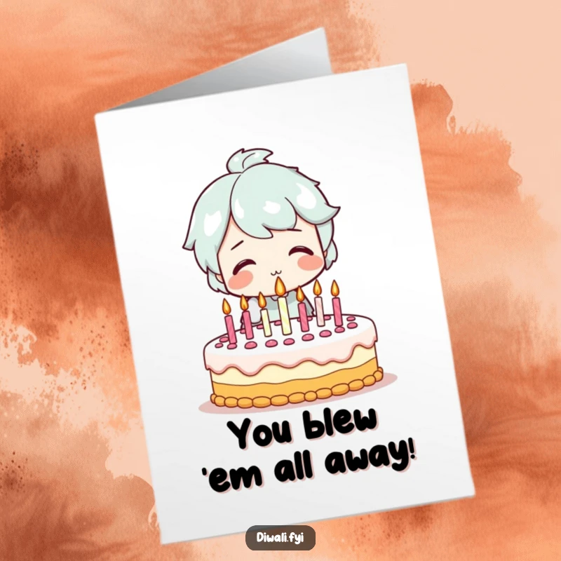 Funny Free Printable Congratulations Card: Smiling character blowing out candles on a celebratory cake.