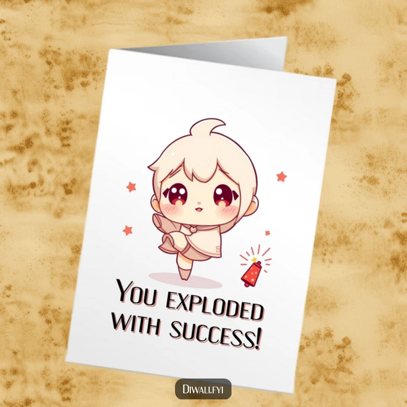 Funny Free Printable Congratulations Card: Character playfully kicking a small firecracker, eyes wide with excitement for the boom.