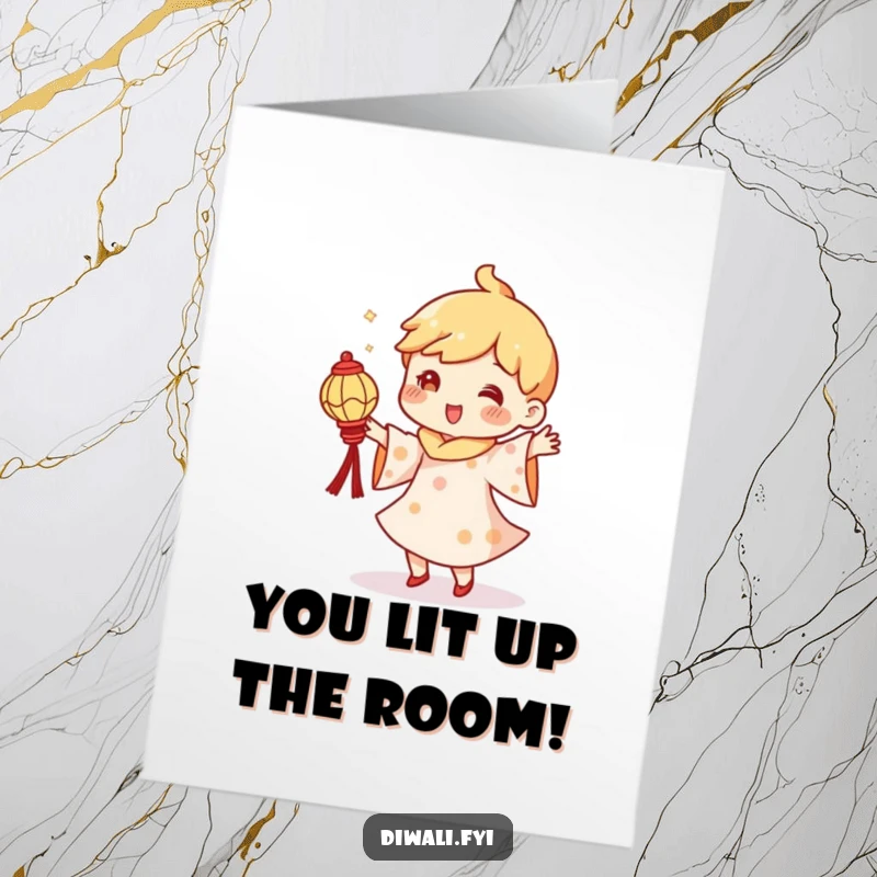 Funny Free Printable Congratulations Card: Character happily dancing and holding a tiny diya lantern, celebrating an achievement.