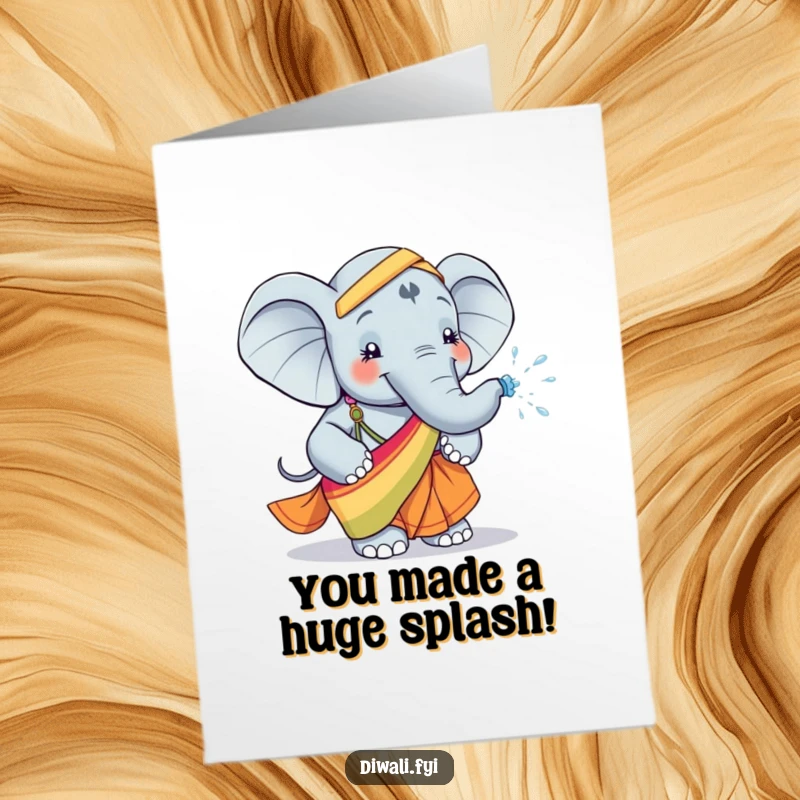 Funny Free Printable Congratulations Card: Happy Elephant in Sari Spraying Water, Cheering Success with Joy