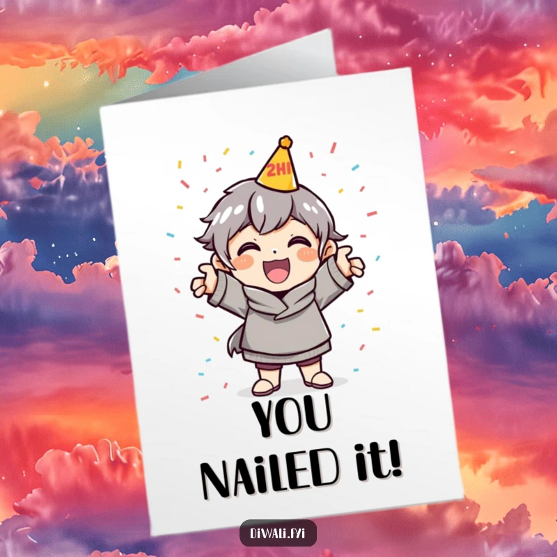 Funny Free Printable Congrats Card: A cheerful character striking a celebratory pose with colorful confetti, marking an achievement.