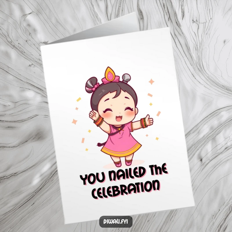 Free Printable congratulations card shows a small, festive character wearing bangles and striking a confident, celebratory pose to mark a special achievement.