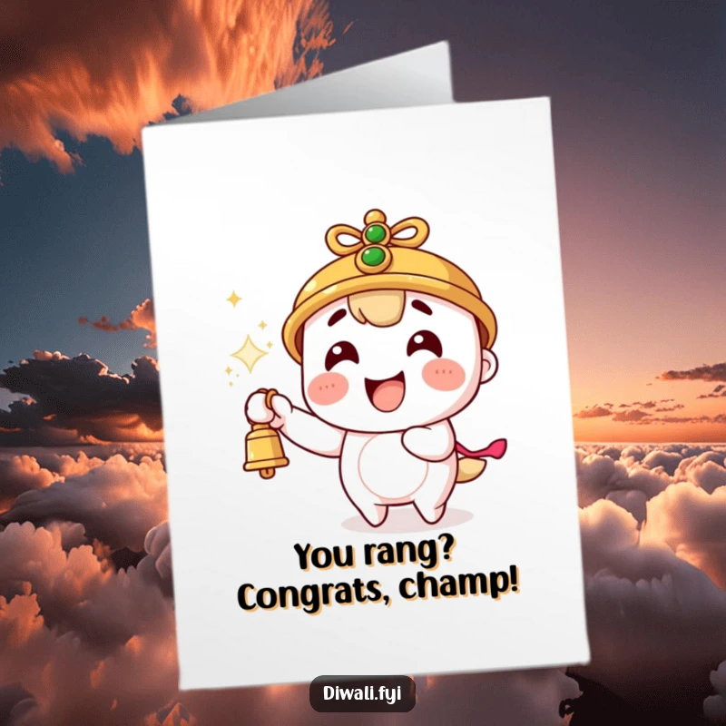 Funny Free Printable Congratulations Card: Character energetically ringing a bell amidst flying sparks, celebrating an achievement.
