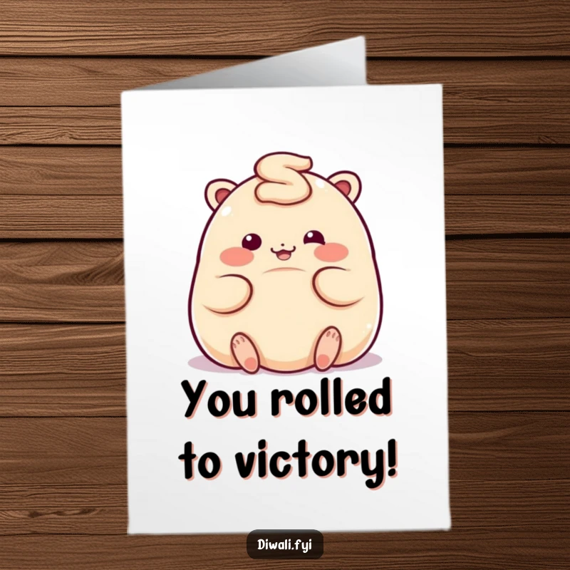 Free Printable Congratulations Card: A cheerful ladoo character playfully rolls, embodying happiness and celebratory fun.