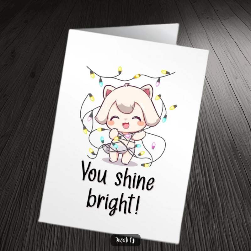 Funny Free Printable Congrats Card: A playful character hilariously tangled in decorative lights, celebrating a win.