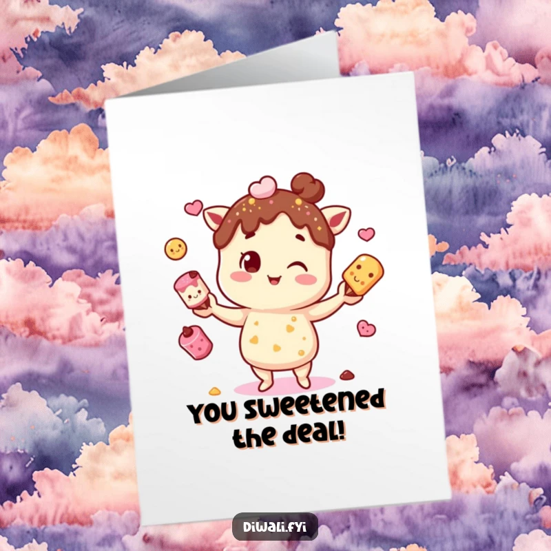 Funny Free Printable Congratulations Card: A character expertly juggling various mithai, symbolizing a sweet victory and celebration.