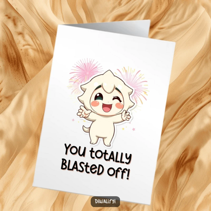 Funny Free Printable Congratulations Card: Smiling character poses confidently with fireworks exploding.