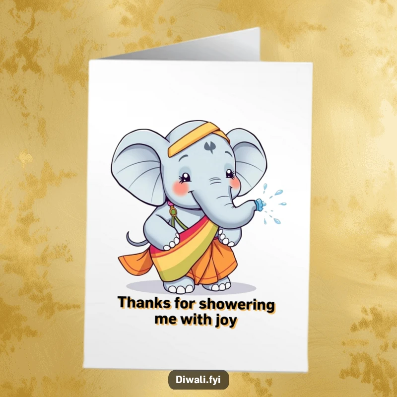 Funny Free Printable Thank You Card: Happy Elephant in Sari Spraying Water, Showing Thanks with a Splash