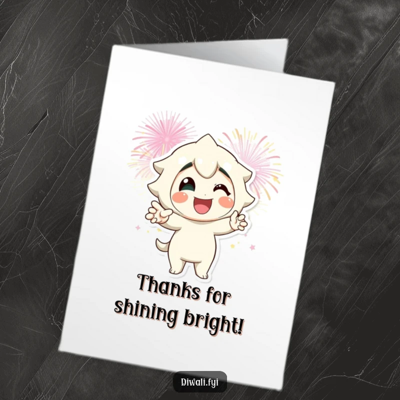 Funny Free Printable Thank You Card: Smiling character poses proudly with fireworks in the background.