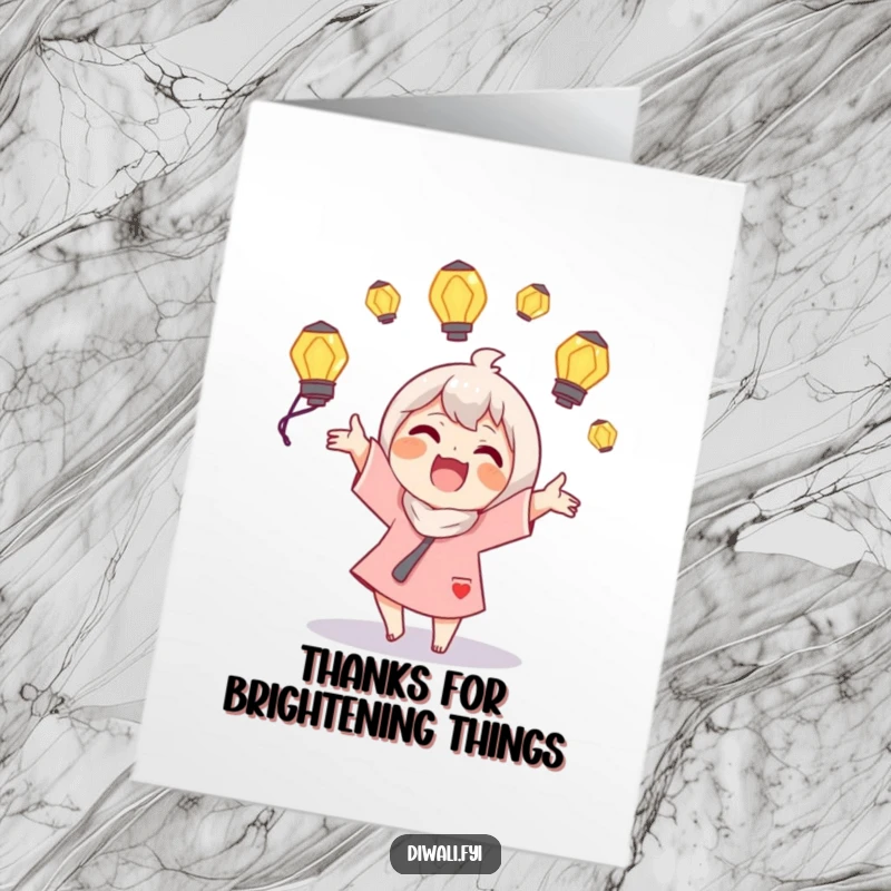 Funny Free Printable Character Thank You Card: Character juggles glowing lamps, expressing thanks. Bright downloadable card.