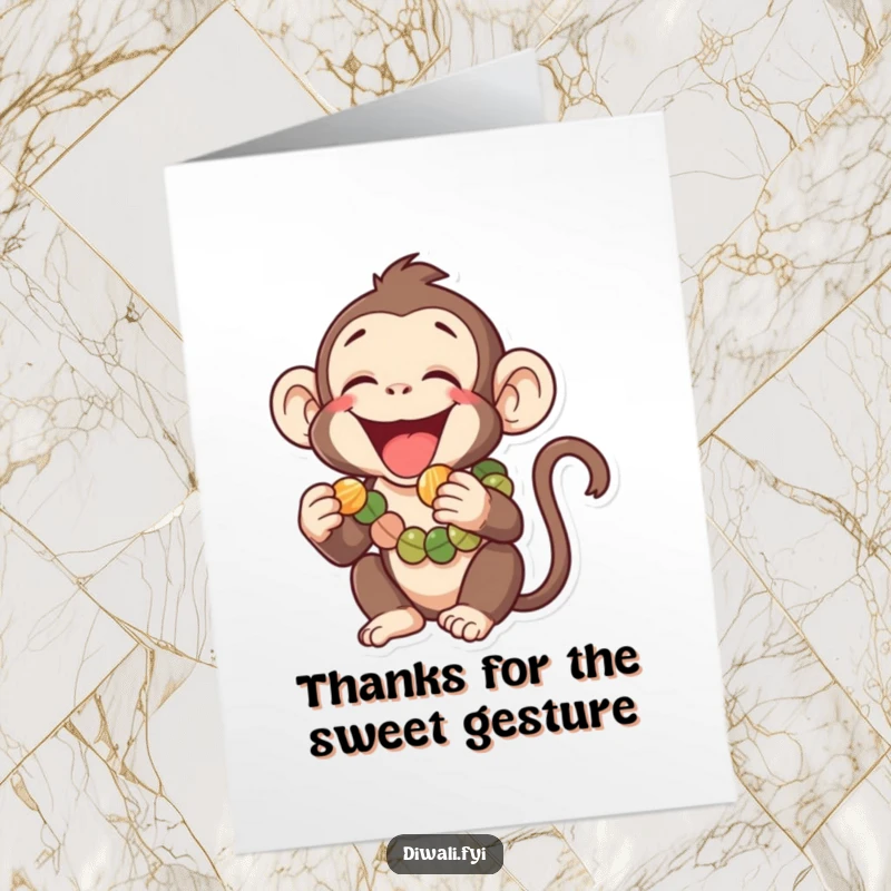 Funny Free Printable Thank You Card: Laughing Monkey in Garland Attempting to Eat a Sweet, Expressing Thanks