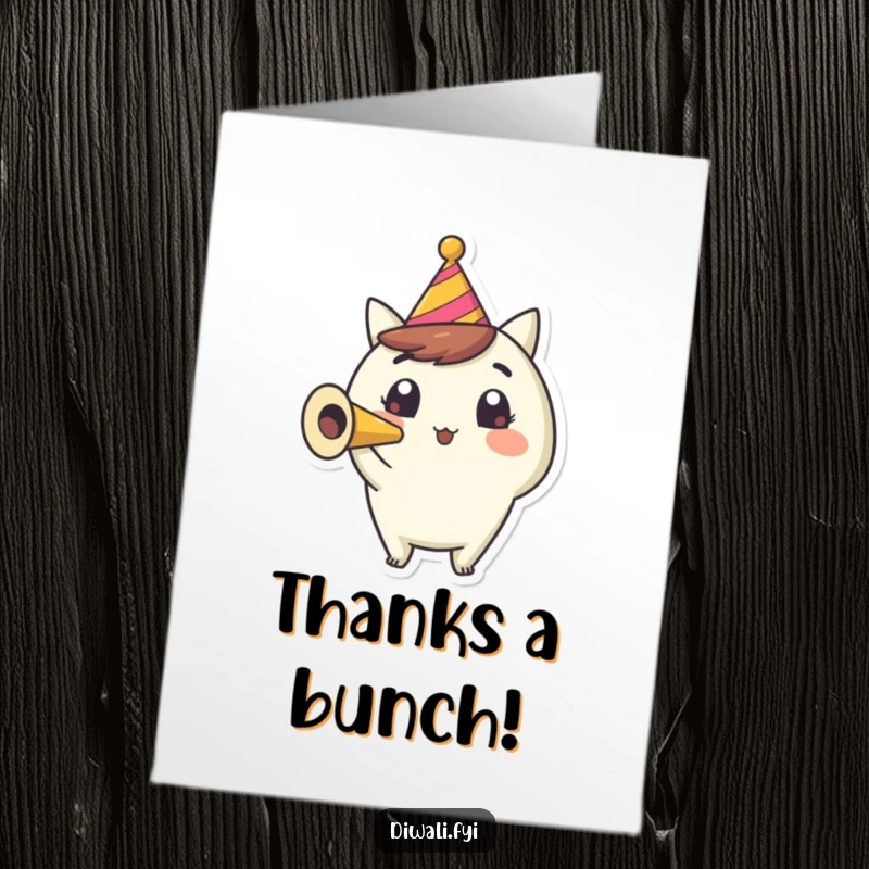 Funny Free Printable Thank You Card: A happy character with wide eyes blows a party horn, conveying heartfelt thanks.