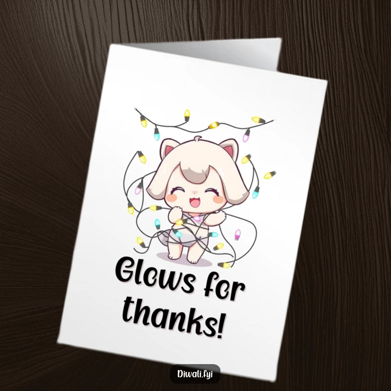 Funny Free Printable Thank You Card: A playful character comically tangled in decorative lights, expressing thanks.