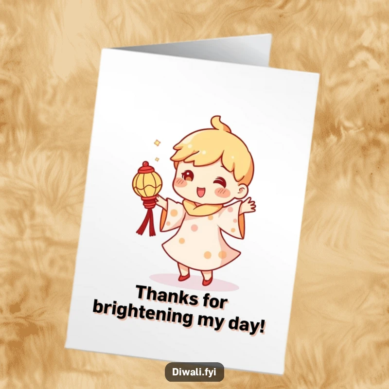 Funny Free Printable Thank You Card: Character doing a whimsical dance while holding a small diya lantern, showing appreciation.