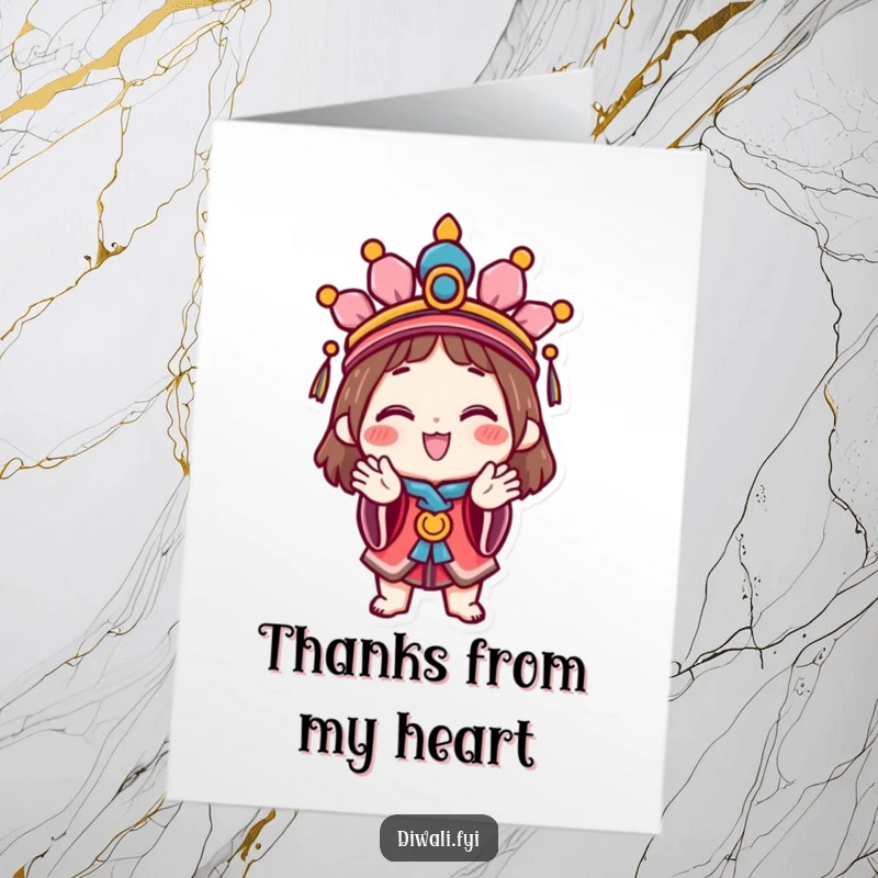 Funny Free Printable Thank You Card featuring a happy character in a festive headdress, clapping hands. Expressing thanks. Downloadable art.
