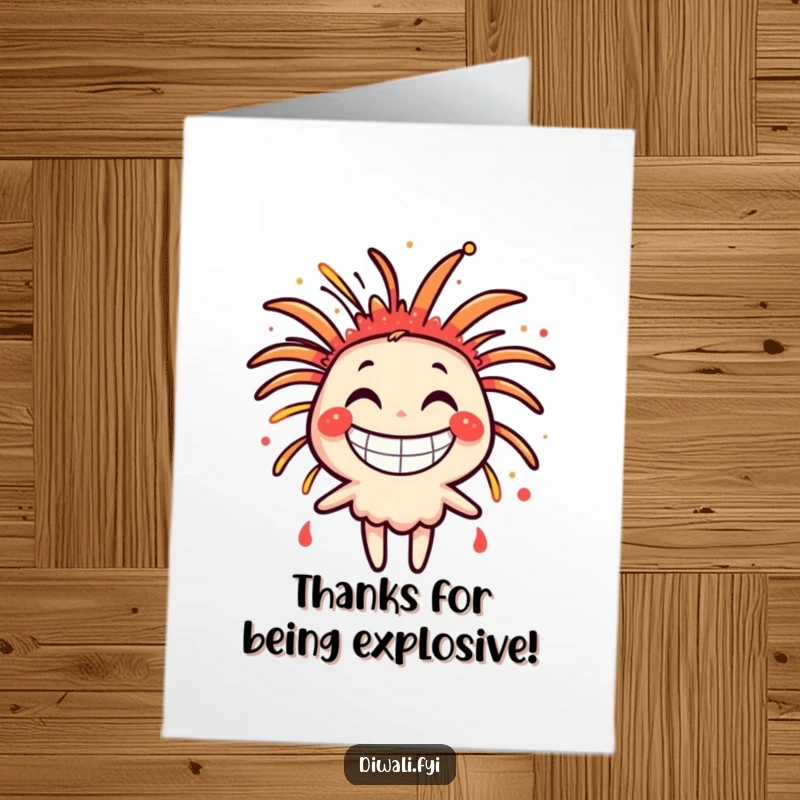 Funny Free Printable Thank You Card: A happy firework character bursting with a wide grin, expressing thanks.