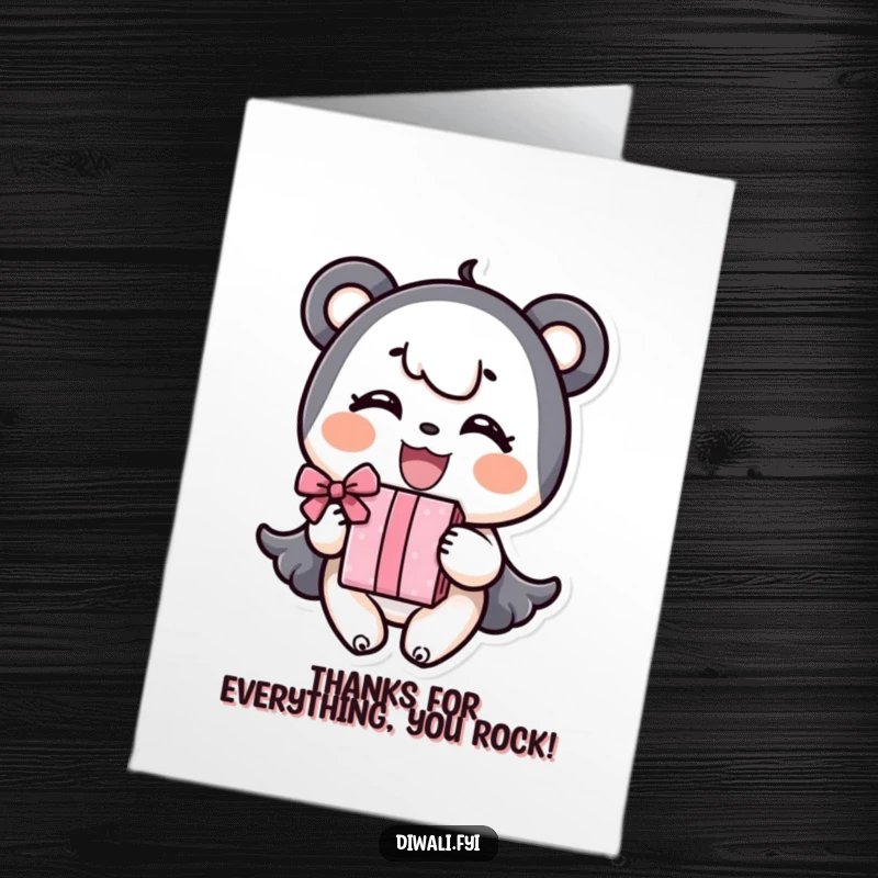 Funny Free Printable Thank You Card: A happy character joyfully offers a present, expressing sincere thanks.