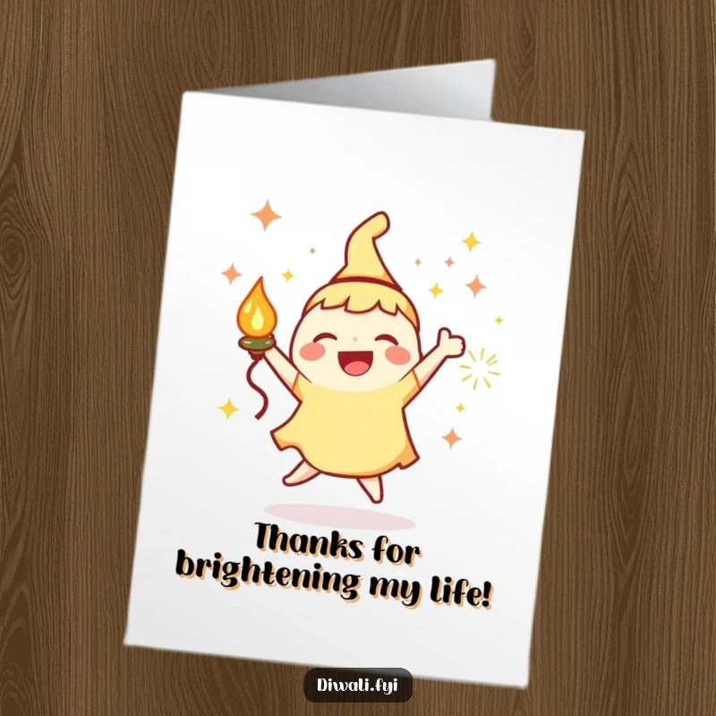 Funny Free Printable Thank You Card: A character with a lamp and sparks happily dances, offering thanks with sparkling energy and delight.