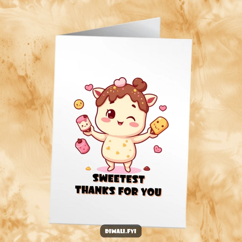 Funny Free Printable Thank You Card: A character skillfully juggling mithai, conveying a sweet and heartfelt thank you.