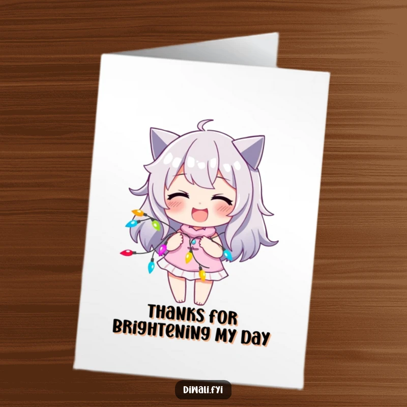 Funny Free Printable thank you card shows a character with a joyful smirk playfully twisting a string of colorful lights, a radiant way to say thanks.